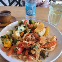 This whole lot—massive plate of fresh, delicious food a coffee, a water, and a cordial from a local plant—only cost 1800 AMD ($7.40 AUD). Great value. at Art Lunch in Yerevan