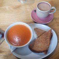 Red pepper and tomato soup and a vegan cheese toastie at Stained Glass Centre  in Scarborough