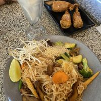 Pad thai with vegan duck, coconut juice and drumsticks  at Peace Harmony in Sydney