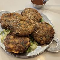 Mixed Pakora Appetizer (mixed vegetables fried in chickpea batter). Subbed the non-vegan mint dipping sauce for one that is vegan. at Saffron Indian Grill & Bar in Eagan