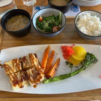 Tofu teriyaki set with miso soup and seaweed salad at Umi  in Toronto