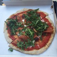 Vegan Pizza with cheese, seitan, olives and rocket. at Pizzeria L'Angelo in Venice