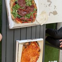 Vegan pizza on the left and vegetarian on the rightt  at Pizzeria L'Angelo in Venice