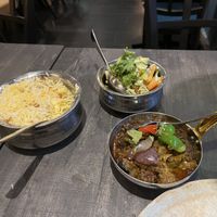 From left to right: Rice, Harabhara Salad, Baingan Mirch Ka Salad (eggplant stuff).  at Indian Village in Gothenburg