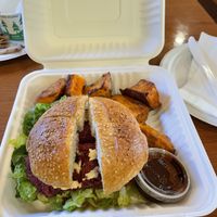 Beet burger and sweet potato “fries"  at Green Leaf in Framingham