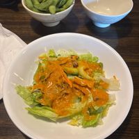 House salad with ginger dressing ; edamamee  at Genki in Cary