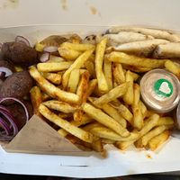 Chickpea fritters (falafel) plate with extra chips  at Yiayias Little Kitchen @ Raigmore Motel in Inverness