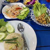 Crispy Garlic Tofu, Vegetable Fried Rice (no egg) and Papaya Salad (no fish sauce).  at Thai Malay Restaurant - Maybe closed in Koh Lanta