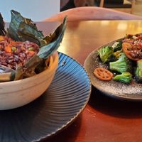 Steamed lotus purple rice and Sesame Beef with lotus root.  Delish and pretty. at Chay Concept in Bellevue
