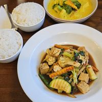 Yellow curry and chilli basil stri fry at Buddha Thai in Launceston
