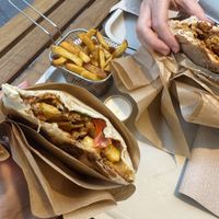 The inside of the French tacos. Includes  mock meat, fries, sauce and more, making a very good combination of tastes and textures.  at KVB in Montpellier