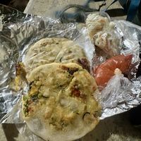 Tomato sauce and cabbage all veggie pupusass  at Pupusería La Ceiba in Santa Ana