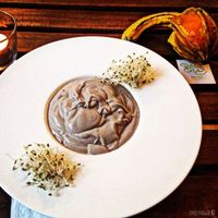 Raw mushroom cream soup. With garlic and coconut milk.  at Rawcha in Prague