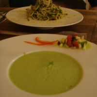 Pea soup and Asian zucchini noodles at Rawcha in Prague