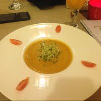 Carrot and avocado soup with cashew dip at Rawcha in Prague