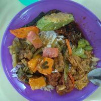 Really good fake meat, tofu, seitan, veg fish style food! Very cheep! ,This plate with everything plus a bowl of soup for only RM6,5  at Central Market - Vegetarian Stall in Sandakan