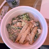 Caesar salad with chicken (should have gotten the dressing on the side 😣)  at Vegan Foodie Bowl in Glendale