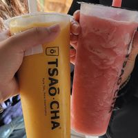 Mango Green Tea with no Milk Foam (left), Strawberry Green Tea Slush with Milk Foam at Tsaocaa   in West Lafayette