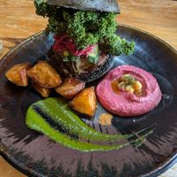 Vegan burger, fries and hummus dip at SUNPEDAL in Tokyo