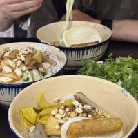 Mi quang (front) & gluten with rice noodle (left)  at Mộc Lam An Vegan in Hoi An