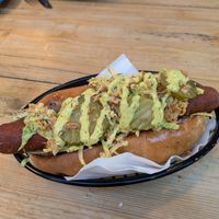 The Great Dane- Moving Mountains hotdog, crispy onions, gherkins, vegan mayonnaise. at Hungry Dogs in Telford