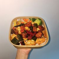 Kung pao 'chicken' bowl with steamed rice and veggies - $9.90 by itself at Vegie Bowl Express in Boronia