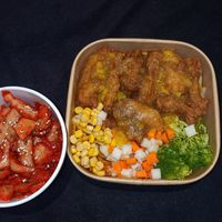 vegan lemon chicken and honey bbq pork (they use a sugar syrup) at Vegie Bowl Express in Boronia