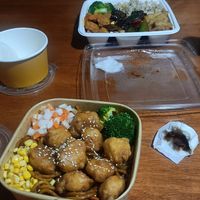 honey (sugar syrup) chicken noodles, vg pork buns and a mixed plate at Vegie Bowl Express in Boronia