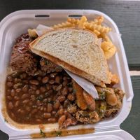 Ribs with fries, baked beans, and a quinoa chickpea stew at The Vegan Side Of Things in Mcdonough