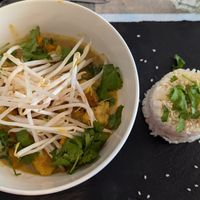 Thai yellow curry with vegetables and tofu, served with jasmine rice and bean sprouts (main) at All Good Things Vegan in Paignton