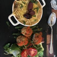 Portuguese themed meal at the Miggi (main course - Bacalao)  at All Good Things Vegan in Paignton