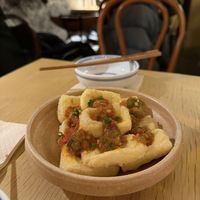 Fried tofu  at chaochao. vegan food and natural wine bar in Beijing