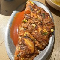 Kimchi pancakees  at chaochao. vegan food and natural wine bar in Beijing