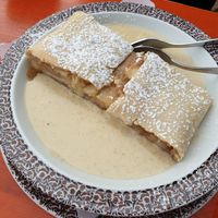 Apfelstrudel with vegan Miso- Vanilla Sauce (sooo delicious!) at Berggasthof Hocheck in Oberaudorf