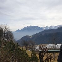 Outside seating with a beautiful view at Berggasthof Hocheck in Oberaudorf