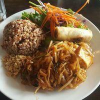pad Thai lunch special w/ brown rice, salad, & spring roll  (not pictured: soup to start) at Araya's Place in Los Angeles
