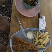 Orange chicken with noodles & schnitzel with fries  at Amet - Cocina basada en plantas in Guadalajara