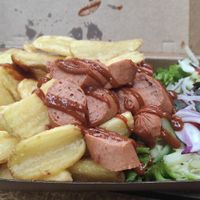 Vegane Currywurst mit Pommes :3 at Vegangster in Rostock