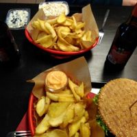 Burger and fries and fleischsalat at Vegangster in Rostock