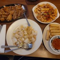 Peking Style Vegan Duck, Stir Fried Cabbage with Garlic Sauce, Salt and Pepper Chips and Vegetable Spring Roll at Jasmine in Bangor