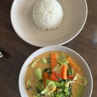 Thai veggie curry and jasmine rice (could add vegan proteins)  at Ping An Veggie Time @Dover Gardens in Adelaide
