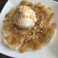 Roti with icecream, caramel sauce and crushed peanuts  at Ping An Veggie Time @Dover Gardens in Adelaide