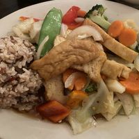 Orange chicken sub fried tofu at Red Curry Vegan Kitchen in Flagstaff