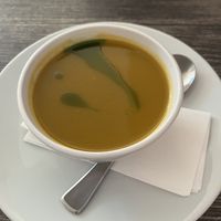 Vegetable soup which is vegan but can not eat the bread that comes with it!   at Quay West Restaurant  in Donegal