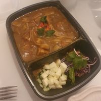 Malaysian curry: rich, fragrant & Spicier curry with potatoes, carrot, red onions with plant based chicken (side salad) at Peppery Rose Alderley Edge in Alderley Edge