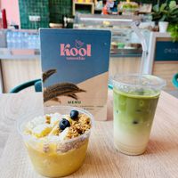 Tropical bowl and oat iced matcha lattee  at Kool Smoothie Gueliz Marrakech  in Marrakech