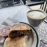 Vegan breakfast burrito and oatmilk matcha latte  at Victors Celtic Coffee in Redmond