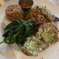 ‘I Can’t Believe It’s Not Crab’ Cakes- zuchettes, tangy udon noodles, garlic spinach   at Gertrude's at the BMA in Baltimore