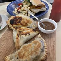 Empanadas & pickled eggplant sandwich  at Catch Your Breath Coffee BAR in La Paz