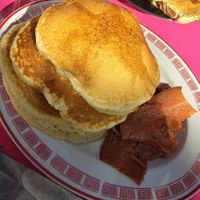 Pancakes stack with maple syrup and veg bacon at Mamalicious in Hamburg